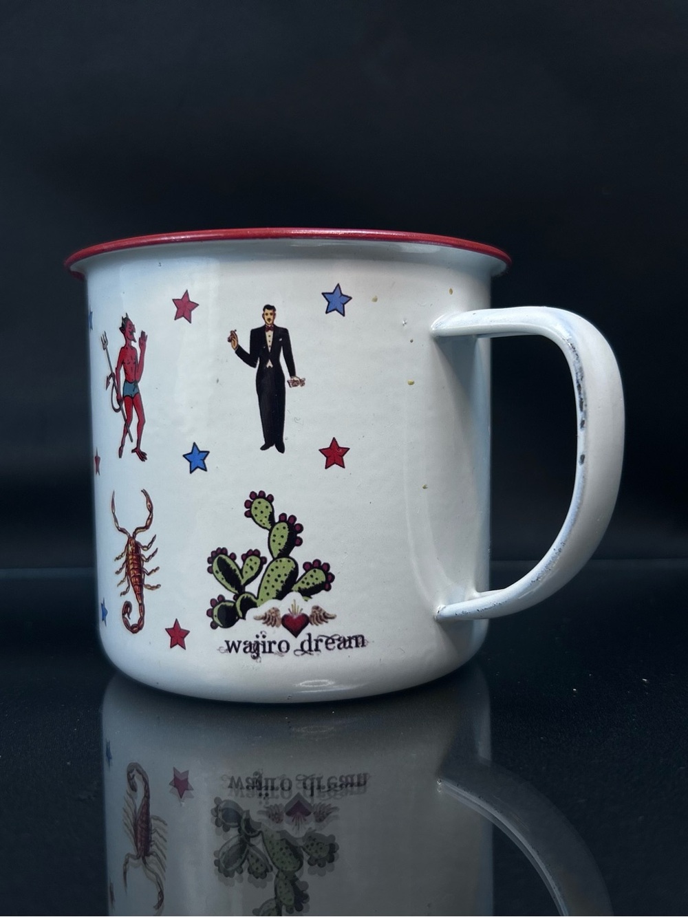 Wajiro Dream Metal Enamel Coffee Mug with Mexican Loteria Tattoo Design 3" Tall - Picture 5 of 16